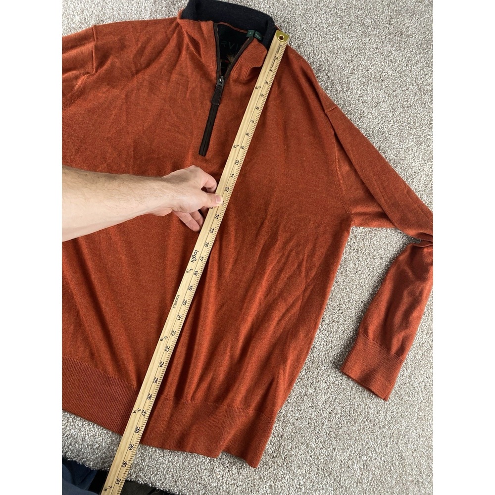 Orvis Sweater Mens Large Orange 100% Merino Wool Quarter Zip Leather Trim Preppy - Picture 7 of 8